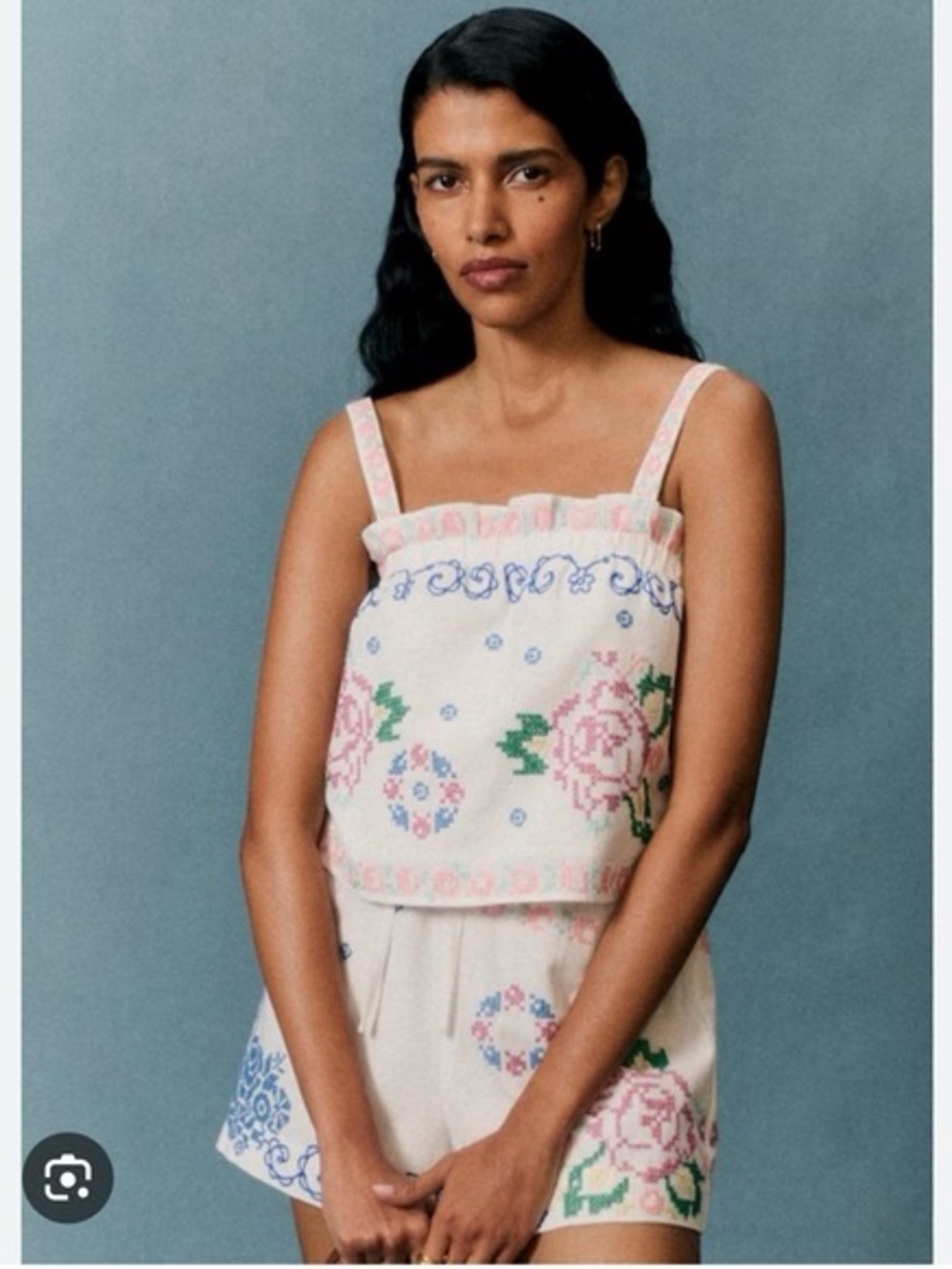 SEZANE X ANDION Luciana Tank Top Embroidered Green Pink Camillia Size 38 NWT